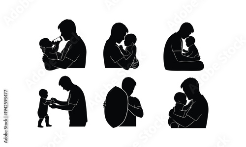 Father holding baby silhouette vector illustration set showing different caring moments
