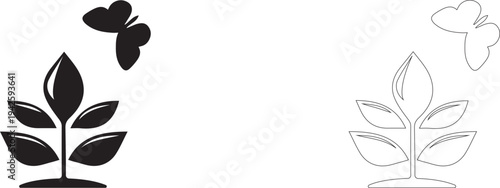 Butterfly flies toward a leafy plant. Editable vector silhouette.