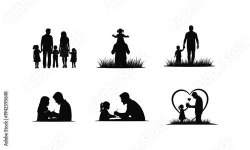 Happy family silhouette father and children enjoying outdoors vector illustration