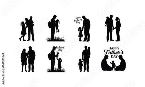 Happy father's day vector silhouette illustration set, line art, dad and children outdoors