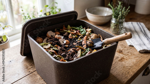 Compost bin with food scraps decomposing on a kitchen counter.