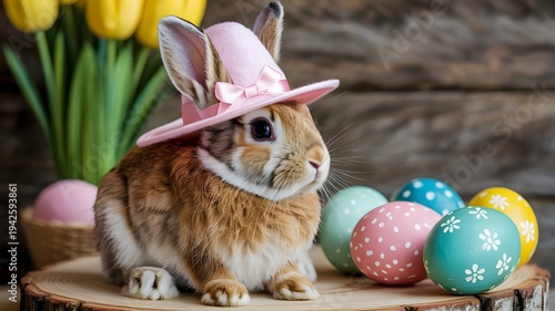 Brown bunny wearing pink easter hat sitting on wood with colorful eggs and tulips