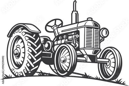 Old Farming Tractor Vintage Engraving Illustration, 1920s Agricultural Machine Line Art