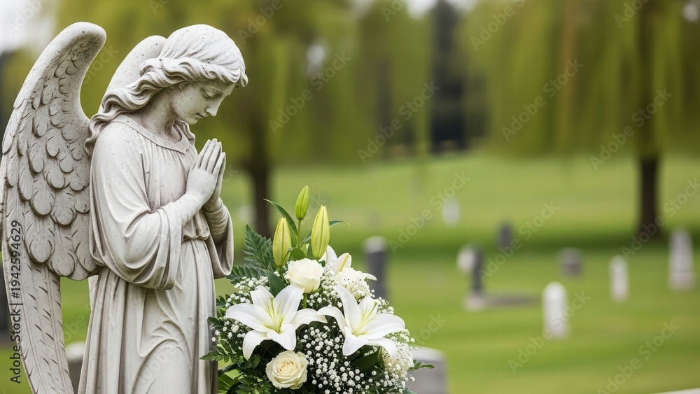 Fototapeta premium Angel Statue in Cemetery: An angelic statue stands gracefully, a symbol of remembrance and solace, against a backdrop of peaceful tombstones and lush greenery in a quiet cemetery.