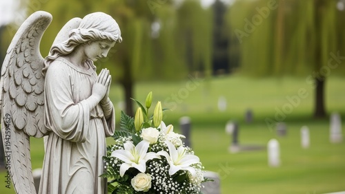 Angel Statue in Cemetery: An angelic statue stands gracefully, a symbol of remembrance and solace, against a backdrop of peaceful tombstones and lush greenery in a quiet cemetery.