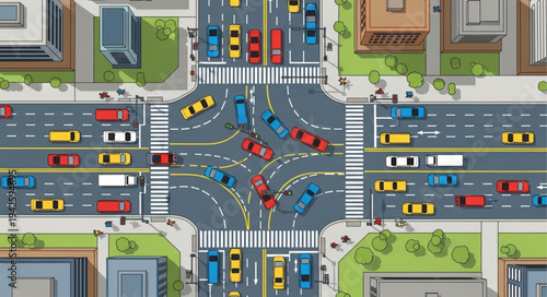 Aerial View of a Busy City Intersection with Cars.