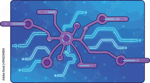 An illustration of a purple circuit board with blue lines on a blue background