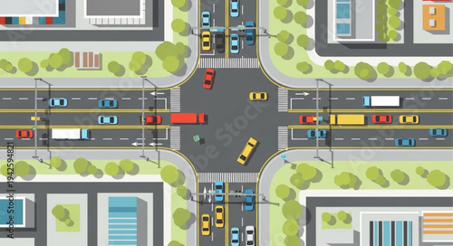 Aerial View of Busy City Intersection with Traffic.
