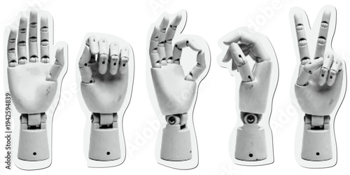 Set of robotic hands showing various gestures, artificial intelligence mechanical arms with halftone effect isolated