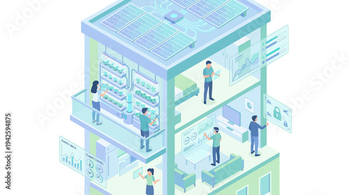 Isometric Smart Home with Solar Panels and Vertical Farming, People Using IoT Technology for Sustainable Green Living and Energy Management