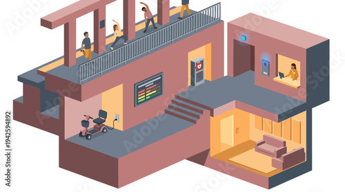 Isometric Smart Building with People Using Technology, Electric Scooter Charging, and Modern Urban Lifestyle Scene