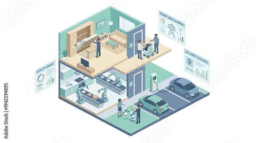 Isometric Smart Home with IoT Automation, Electric Vehicle Charging, Solar Energy Management and AI Robotics in Modern Connected Living Space
