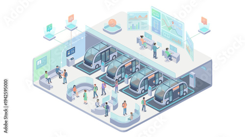 Isometric Smart Bus Station with Autonomous Electric Vehicles, Digital Data Analytics, and Diverse Commuters Using Urban Mobility Technology