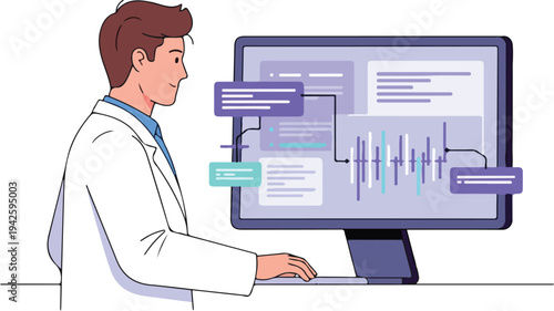 Scientist working on computer with data analysis and graphs on screen in lab
