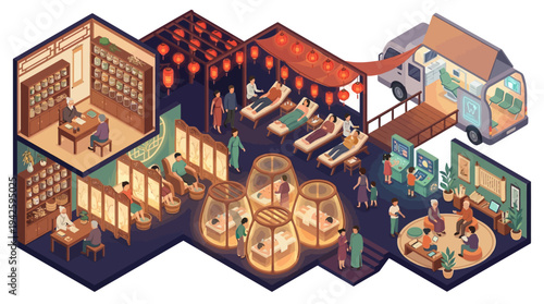 Isometric Traditional Chinese Medicine Wellness Center with Herbal Pharmacy, Acupuncture Therapy, Massage Treatment Rooms, and Mobile Health Clinic