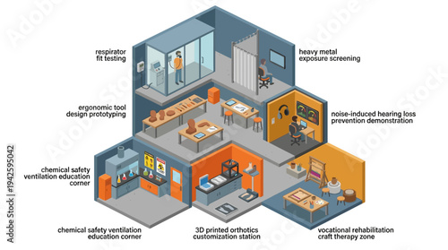 Isometric Industrial Safety Training Center with Respirator Testing, Ergonomic Design Lab, Chemical Safety, Hearing Loss Prevention, 3D Printed Orthotics, and Vocational Rehabilitation Workshop
