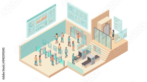 Isometric futuristic corporate security checkpoint with facial recognition turnstiles, diverse crowd, and floating digital dashboards for smart building technology and business presentations.
