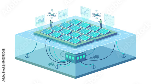 Isometric Floating Solar Farm with Underwater Monitoring Station, Renewable Energy Technology, Smart Grid Data Analytics, Sustainable Power Generation Innovation