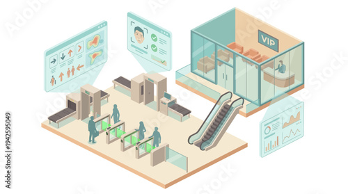 Isometric Airport Security Checkpoint with VIP Lounge, Digital Analytics Dashboard, and Passenger Flow Management System in Modern Terminal Design