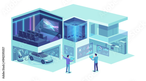 Isometric Smart Home Technology Concept with Electric Car Charging, Home Theater, and AI Data Center Management