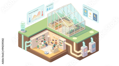 Isometric Smart Home with Greenhouse and Family Living Room, Sustainable Eco-Friendly House, Automated Climate Control System, Modern Energy-Efficient Architecture