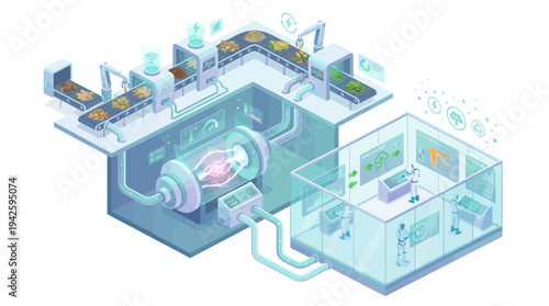 Isometric Smart Food Processing Factory with AI Quality Control, Sustainable Manufacturing Automation, and Clean Energy Production Line