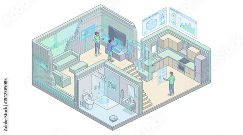 Isometric Smart Home Interior with Family Using Holographic Technology, IoT Connected Living Room Kitchen Bathroom, Futuristic Digital Home Automation System