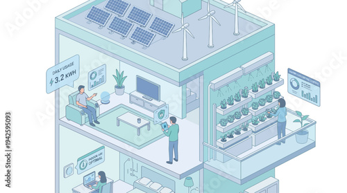 Isometric Smart Home with Solar Panels Wind Energy Indoor Garden and Remote Work Technology Sustainable Living Green Building