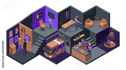 Isometric Smart Home Technology Concept with Voice Assistant Automation, Health Monitoring, Sleep Tracking and Connected Living Spaces, Modern IoT House Interior Cutaway View