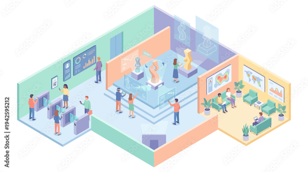 Fototapeta premium Isometric Smart Factory Industry 4.0 Automation with Workers Monitoring Robotic Arms and AI Data Analytics Dashboard in Modern Manufacturing Plant