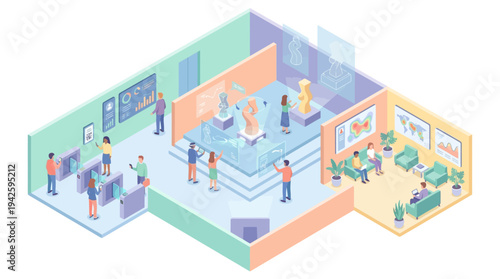 Isometric Smart Factory Industry 4.0 Automation with Workers Monitoring Robotic Arms and AI Data Analytics Dashboard in Modern Manufacturing Plant