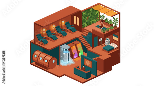 Isometric Luxury Wellness Spa Interior with Sauna, Steam Room, Yoga Studio and Relaxation Lounge for Healthy Lifestyle Concept