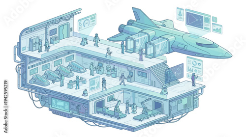 Isometric Futuristic Aircraft Manufacturing Facility with Workers and Advanced Technology, Aerospace Production Line Blueprint Style Illustration