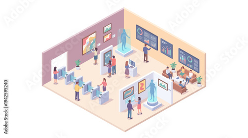 Isometric Museum Art Gallery Interior with Visitors Viewing Digital and Traditional Exhibits, Interactive Touchscreens and Holographic Displays in Modern Cultural Space
