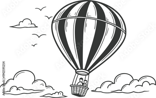 Retro Hot Air Balloon Vintage Engraving Illustration, 19th Century Aviation Balloon Line Art Isolated on White