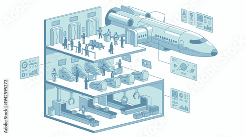 Isometric Aerospace Manufacturing Factory with Workers Assembling Airplane, Industrial Production Line Illustration, Modern Aviation Industry Cutaway View