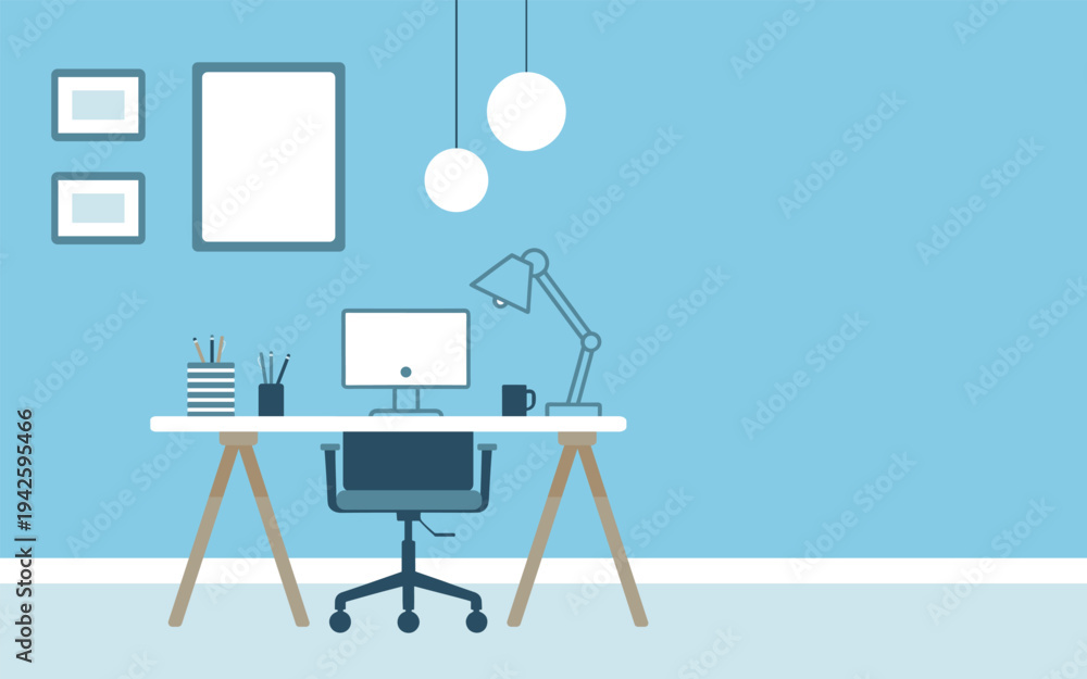 Fototapeta premium Minimal Home Office Workspace with Computer and Desk Lamp. Stylish Home Office Interior with Computer Workspace.
