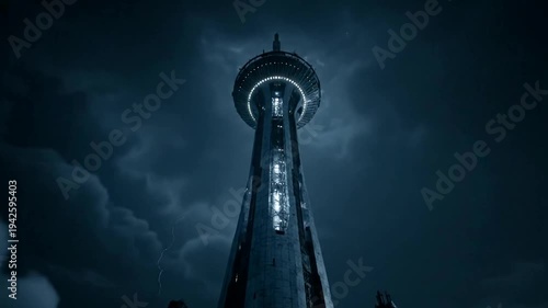 A dark and moody nighttime view of a tall observation tower.