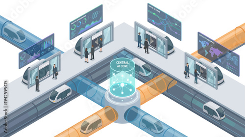 Isometric Smart City Transportation Hub with AI Central Core, Autonomous Vehicles, Hyperloop Transit, and Digital Data Analytics Dashboards for Future Urban Mobility Technology