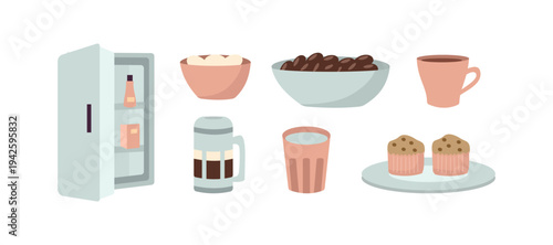 Flat Design Illustration of Breakfast Food and Drink Items. Food sticker set. Collection of food clip art. Fasting food. Food and beverage.