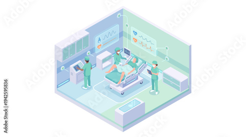 Isometric Hospital Operating Room Surgery Scene with Medical Team Performing Operation, Modern Healthcare Technology Equipment, Sterile Clinic Environment