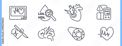 Cardiology line icon set. Cardiac monitor, cholesterol test, heart attack, blood pressure meter, cardiac surgery, brain stroke, blocked artery simple vector illustrations. Editable Stroke.