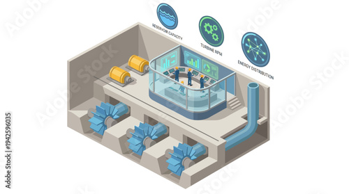 Isometric Hydroelectric Power Plant Control Room with Engineers Monitoring Turbine Performance and Energy Distribution Dashboard