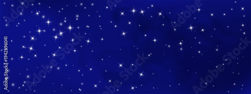 Starry night sky background with glowing stars scattered across deep blue space. Cosmic galaxy illustration with twinkling celestial lights and nebula clouds.