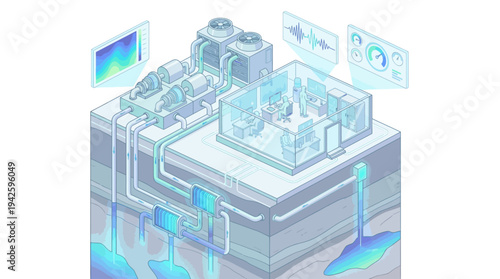 Isometric Data Center Server Room with Underground Cooling System and Digital Monitoring Dashboard, Clean Technology Infrastructure Illustration