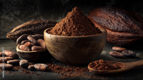 Close up of cocoa powder in a wooden bowl with cacao pods in the background