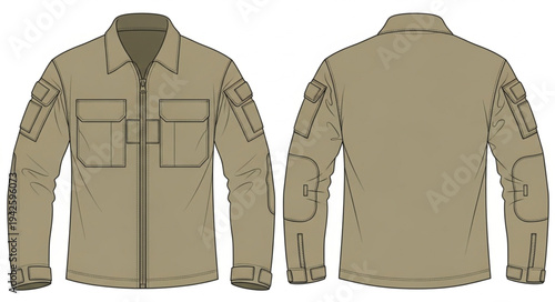 Tactical Long Sleeve Shirt in Khaki Color Front and Back View.