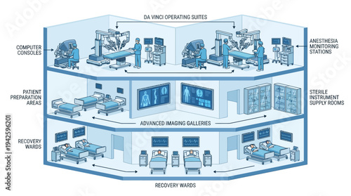 Isometric Hospital Cross Section with Robotic Surgery Suites, Advanced Medical Technology, and Patient Care Wards in Modern Healthcare Facility