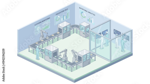 Isometric Smart Factory with AI Robotics Automation, Digital Manufacturing Analytics Dashboard, Industry 4.0 Production Line Monitoring