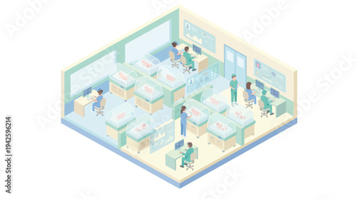 Isometric Neonatal Intensive Care Unit NICU Hospital Medical Staff Caring for Newborn Babies in Incubators Healthcare Illustration